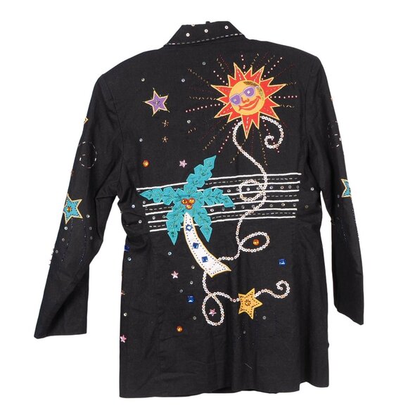 Appraisal Blazer Jacket VTG M Womens Black Sun Star Palm Tree Sequin Button - Picture 7 of 7